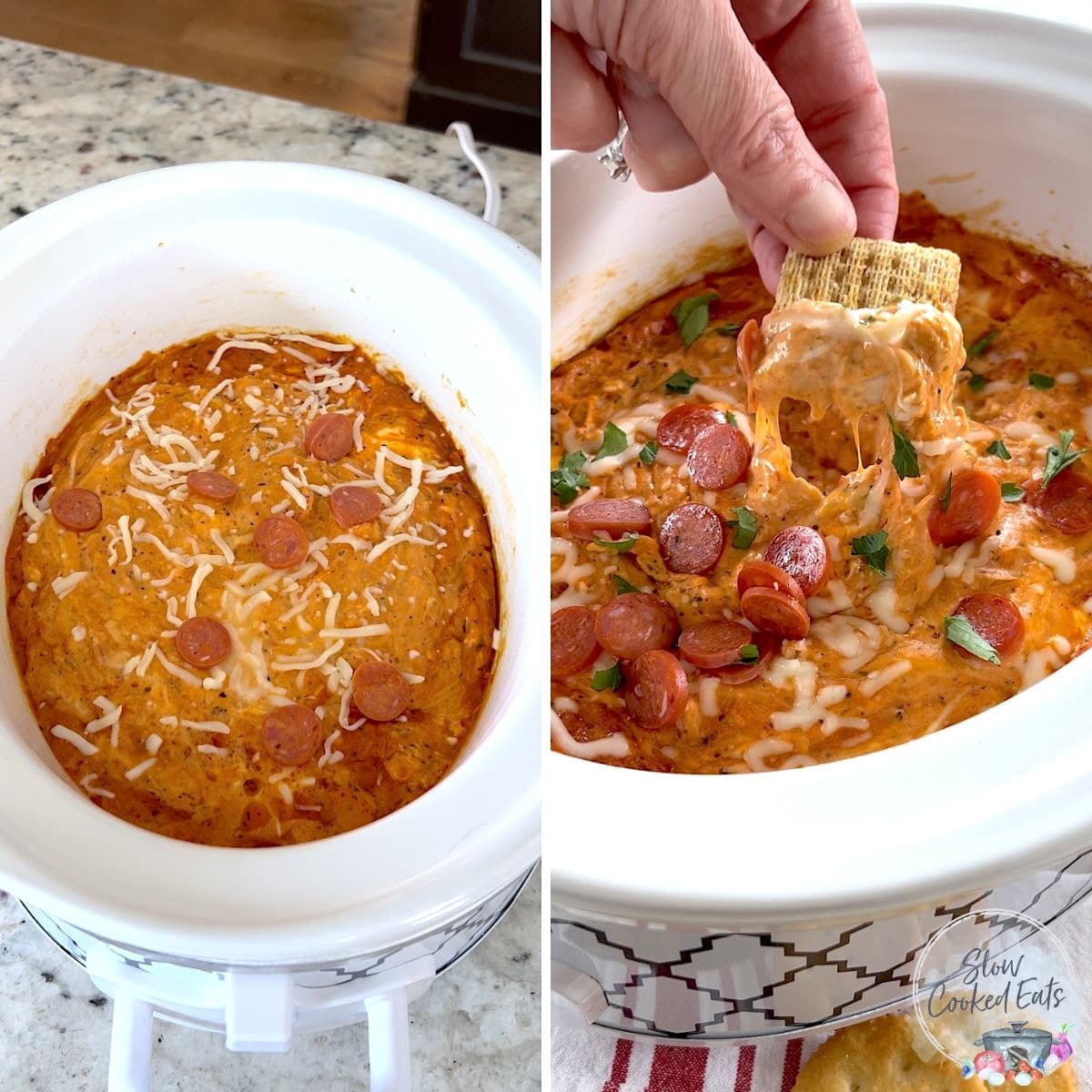 Serving the crockpot pizza dip with crackers right out of the slow cooker.