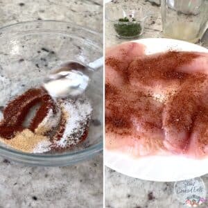 Mixing the crockpot tilapia seasoning then sprinkling over the top of the fish.