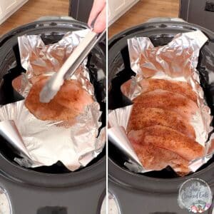 Placing the tilapia fillets into the bottom of the slow cooker.