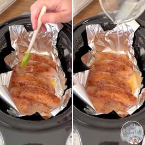 Drizzling the tilapia fillets with butter and lemon juice.