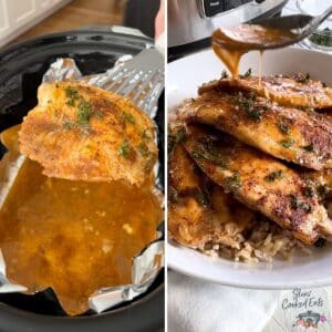 Removing a tilapia fillet from the crockpot then topping with a little extra pot juices.