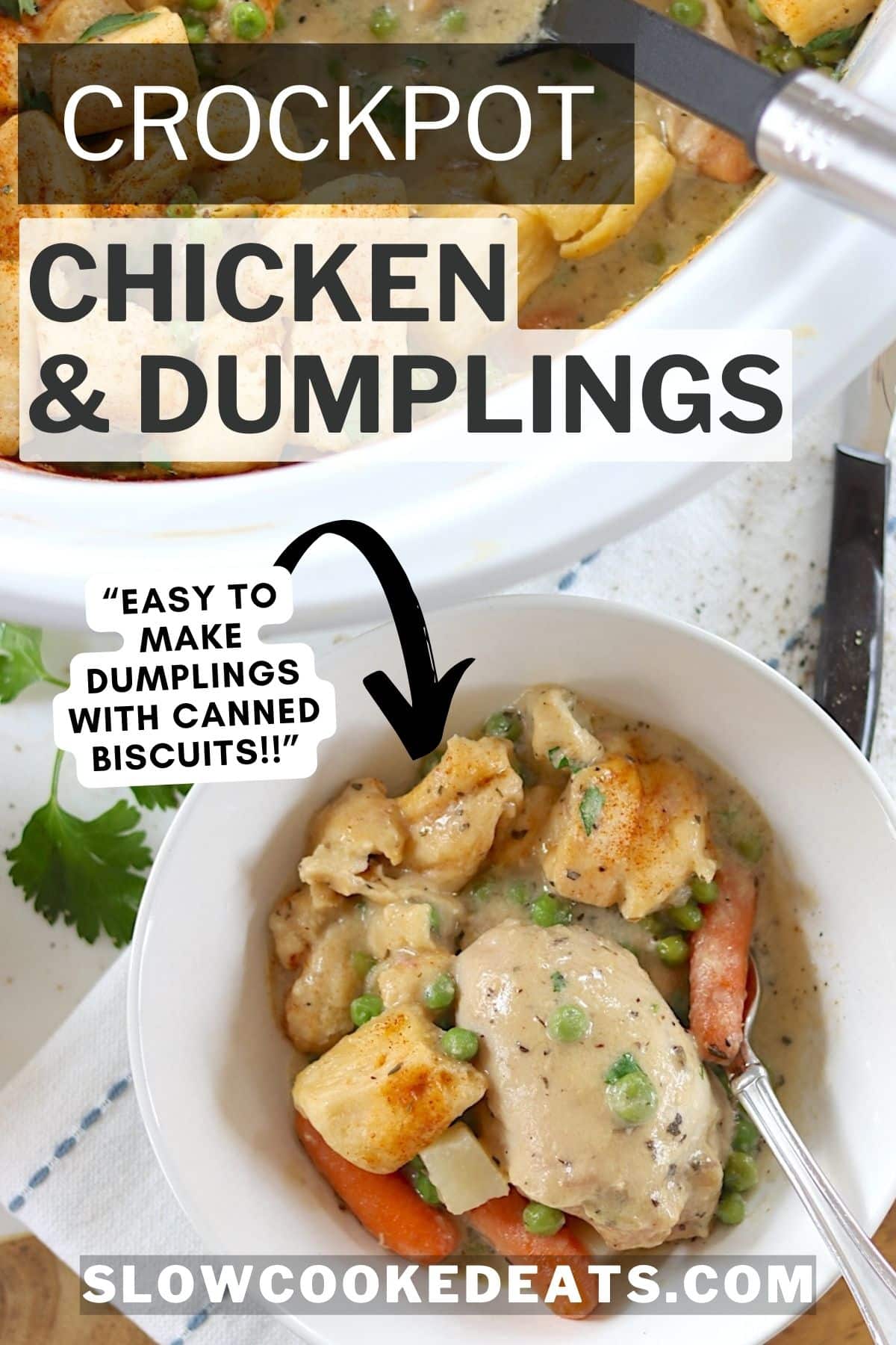 Slow cooker chicken and dumplings served in a white bowl with a spoon.