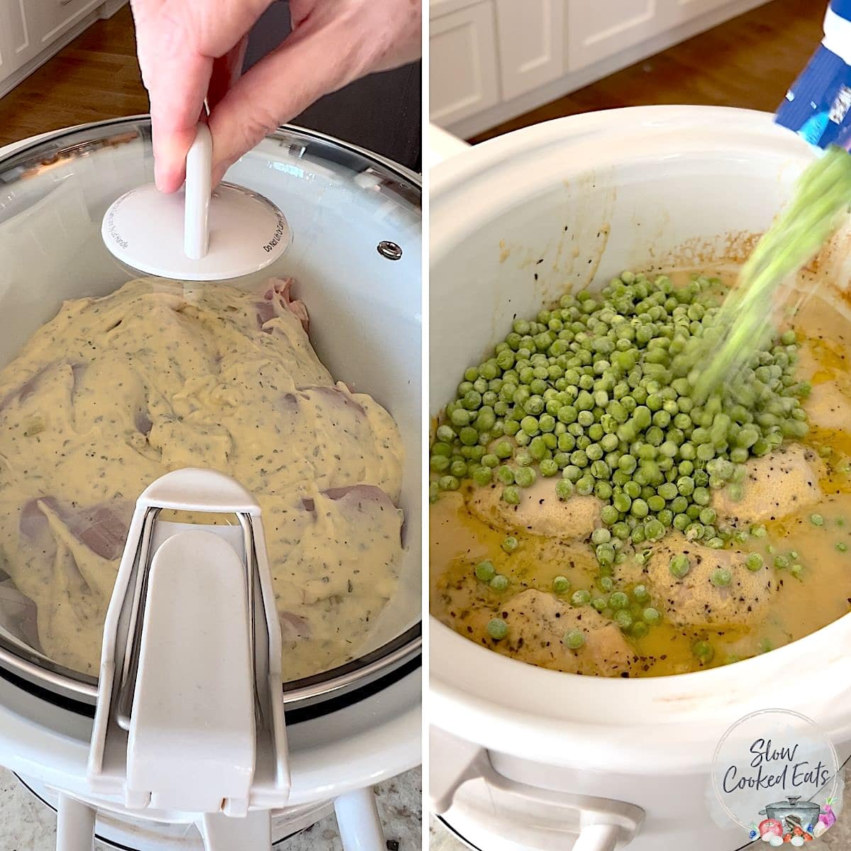 Slow cooker chicken and dumplings cooking in a white crockpot, then pouring peas over the top.
