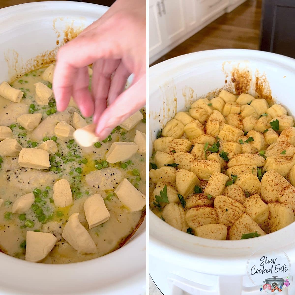 Placing the cut up refrigerator biscuit dumplings over the top of the crockpot chicken and dumplings.