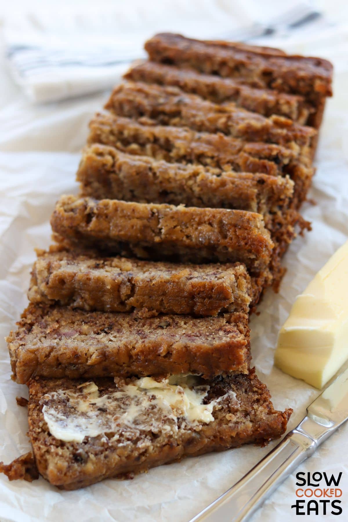 Sliced banana bread with butter on the side.