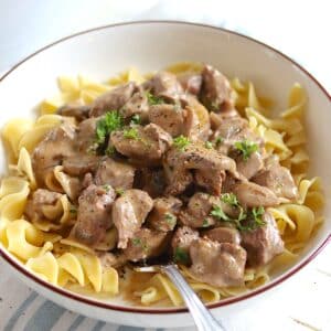 A brown rimmed white bowl with slow cooker beef stroganoff served over egg noodles.