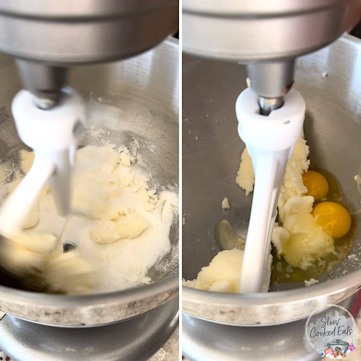 Using an electric mixer to mix sugar butter and then eggs to make banana bread in a crockpot.