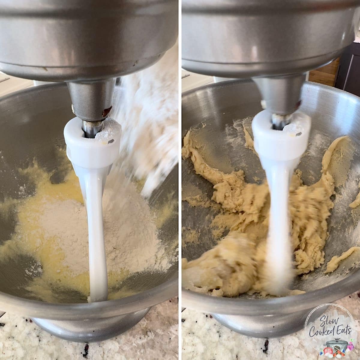 Adding dry ingredients to the mixer for banana bread in a crockpot.