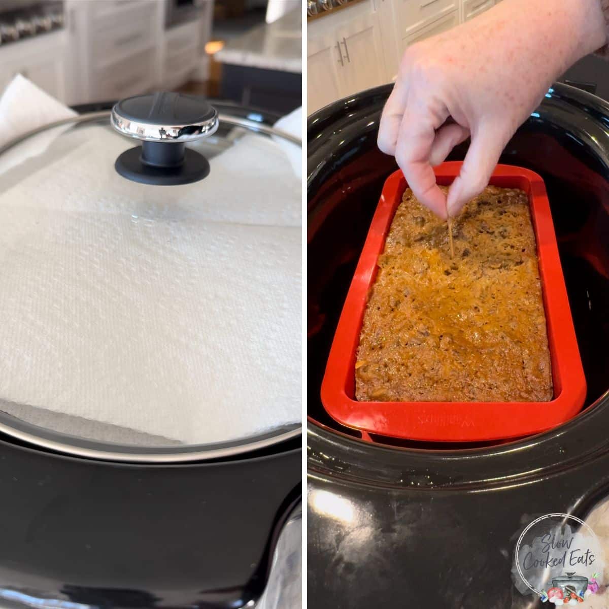 Making banana bread in a crockpot and testing with a toothpick to determine doneness.
