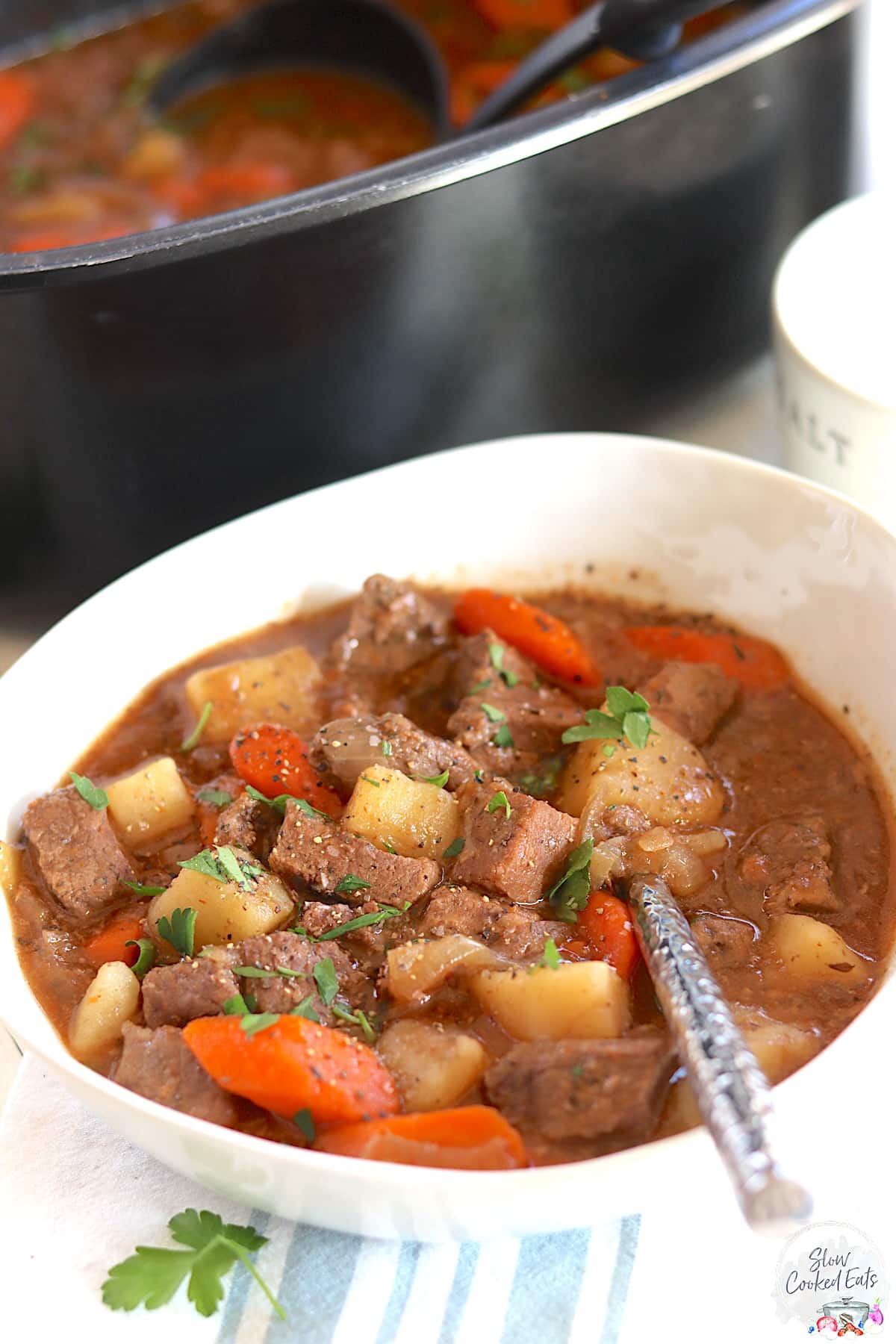 Beef irish stew slow cooker recipe in a white bowl with a spoon.