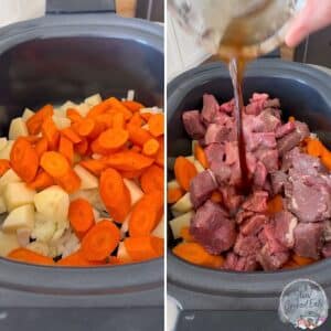 Adding all of the irish stew slow cooker ingredients to the pot.