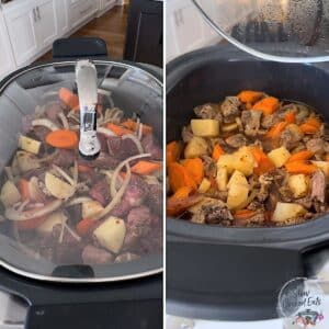 Slow cooking the crockpot irish stew in an oval black pot.