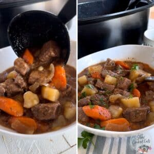 Serving up irish stew slow cooker recipe in a white bowl then garnishing with fresh parsley.