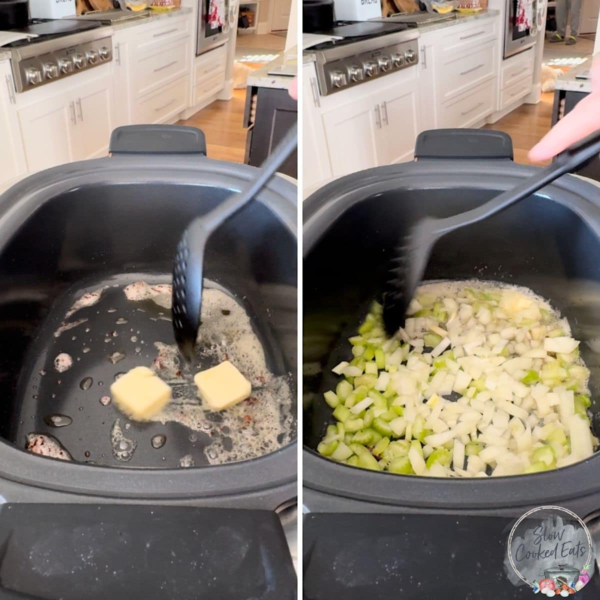 Sauteeing onion and celery in butter to make the clam chowder slow cooker recipe.