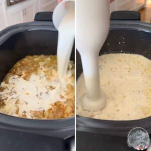 Blending the clam chowder in the slow cooker.