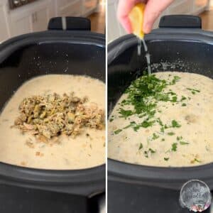 Adding the clams parsley and lemon juice to the clam chowder slow cooker recipe.