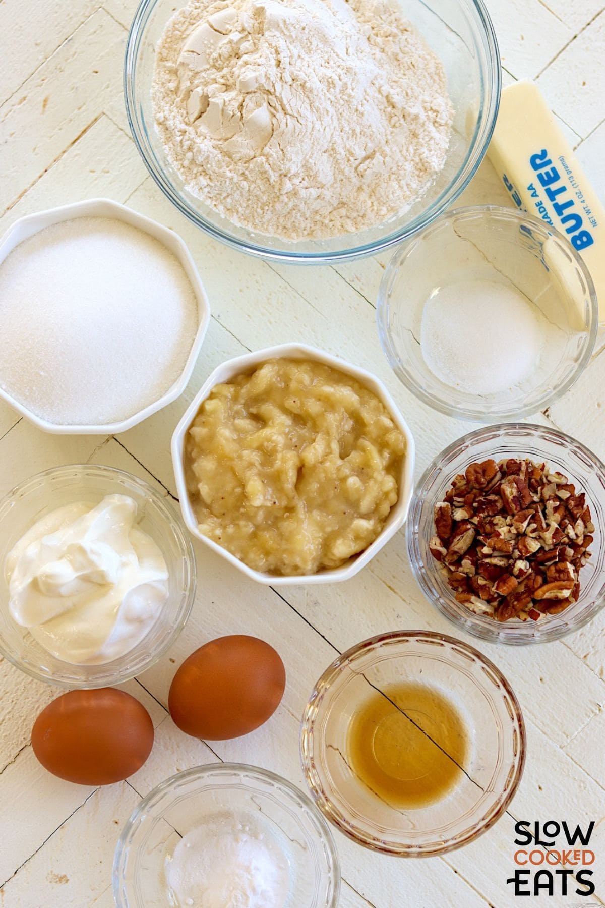 Ingredients needed for banana bread made in the crockpot.