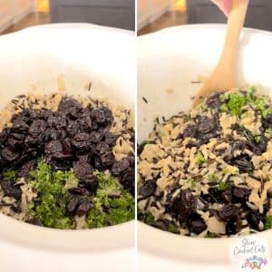 Adding the dried berries and parsley to the crockpot brown rice.