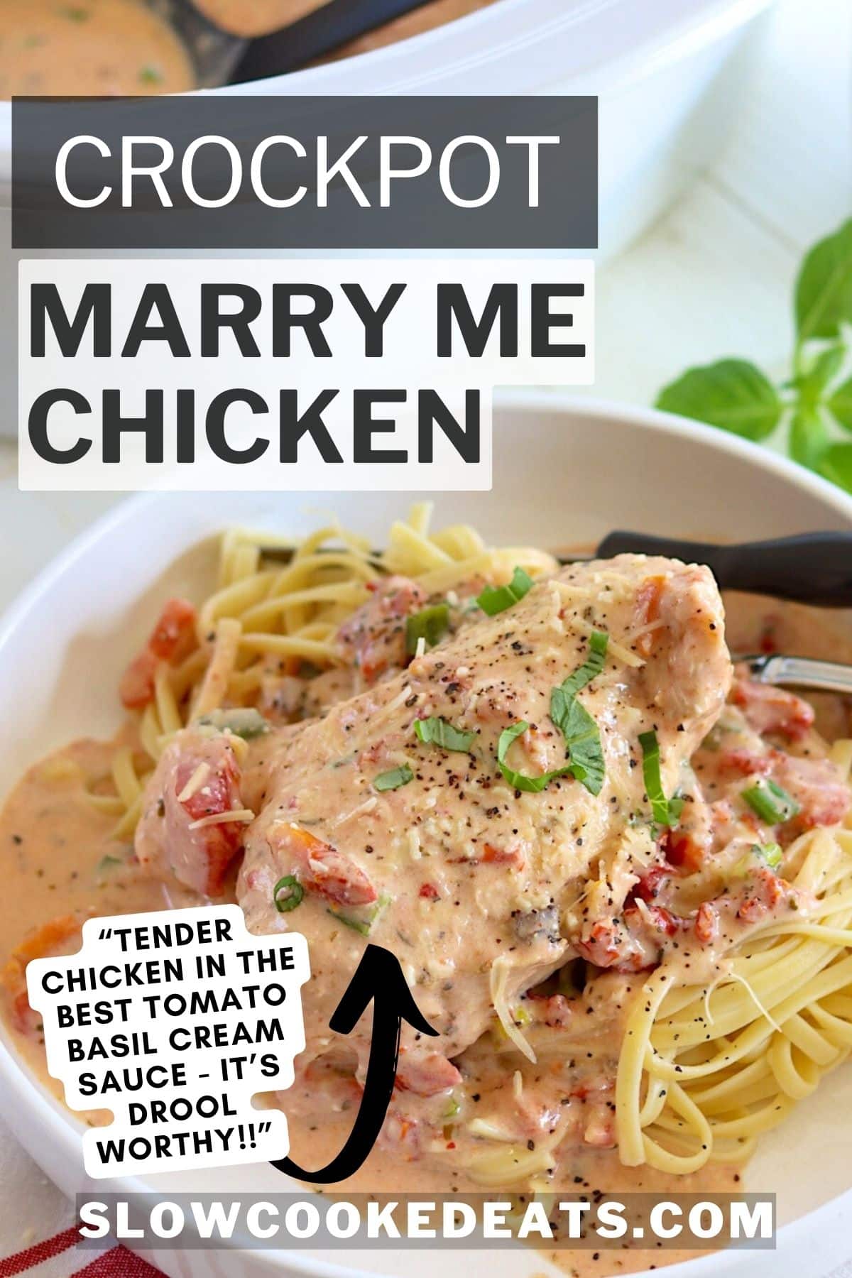 Marry me chicken crock pot recipe served over pasta and garnish with fresh basil on a white plate.