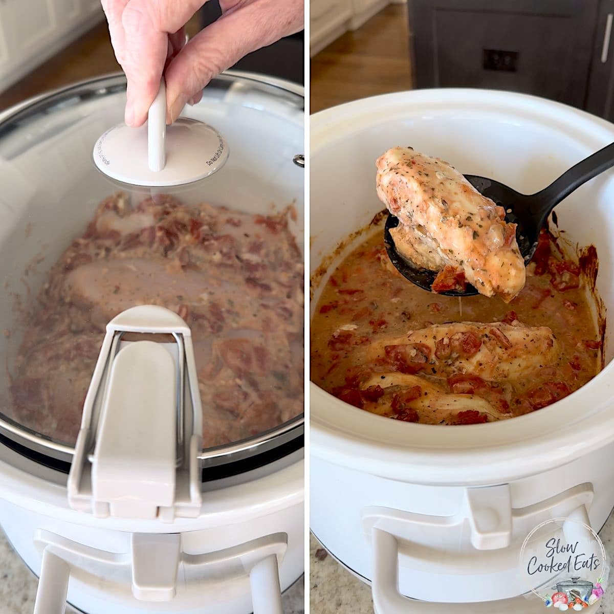 Placing the lid over the crock pot marry me chicken to slow cook the chicken breast.