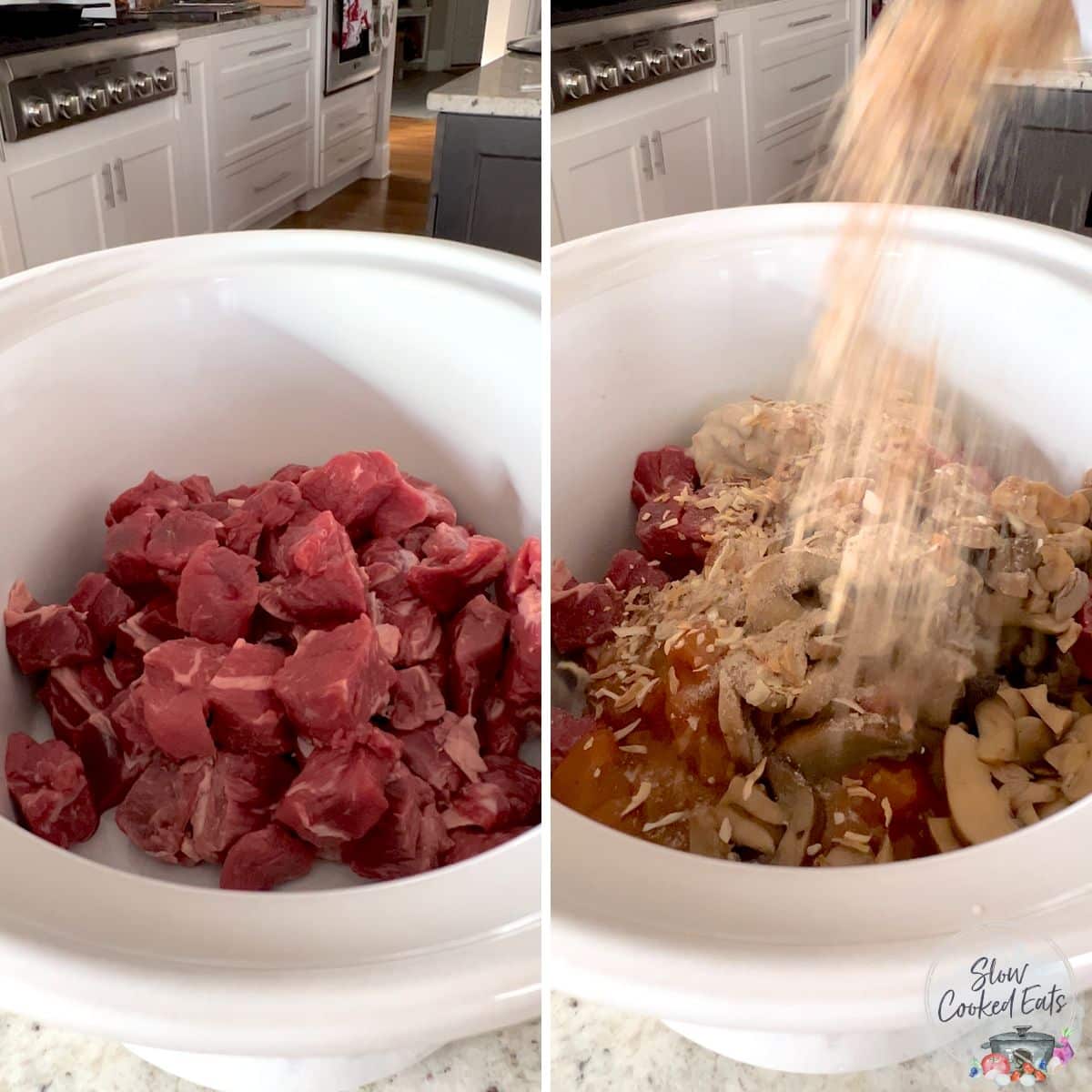 Adding the beef stew meat, soups, and mushrooms to the slow cooker beef stroganoff.