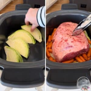 Adding cabbage and the corned beef to the slow cooker.