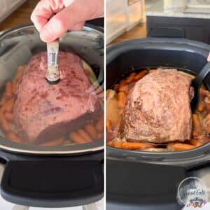 Placing a clear lid on the slow cooker corned beef and cooking until tender.