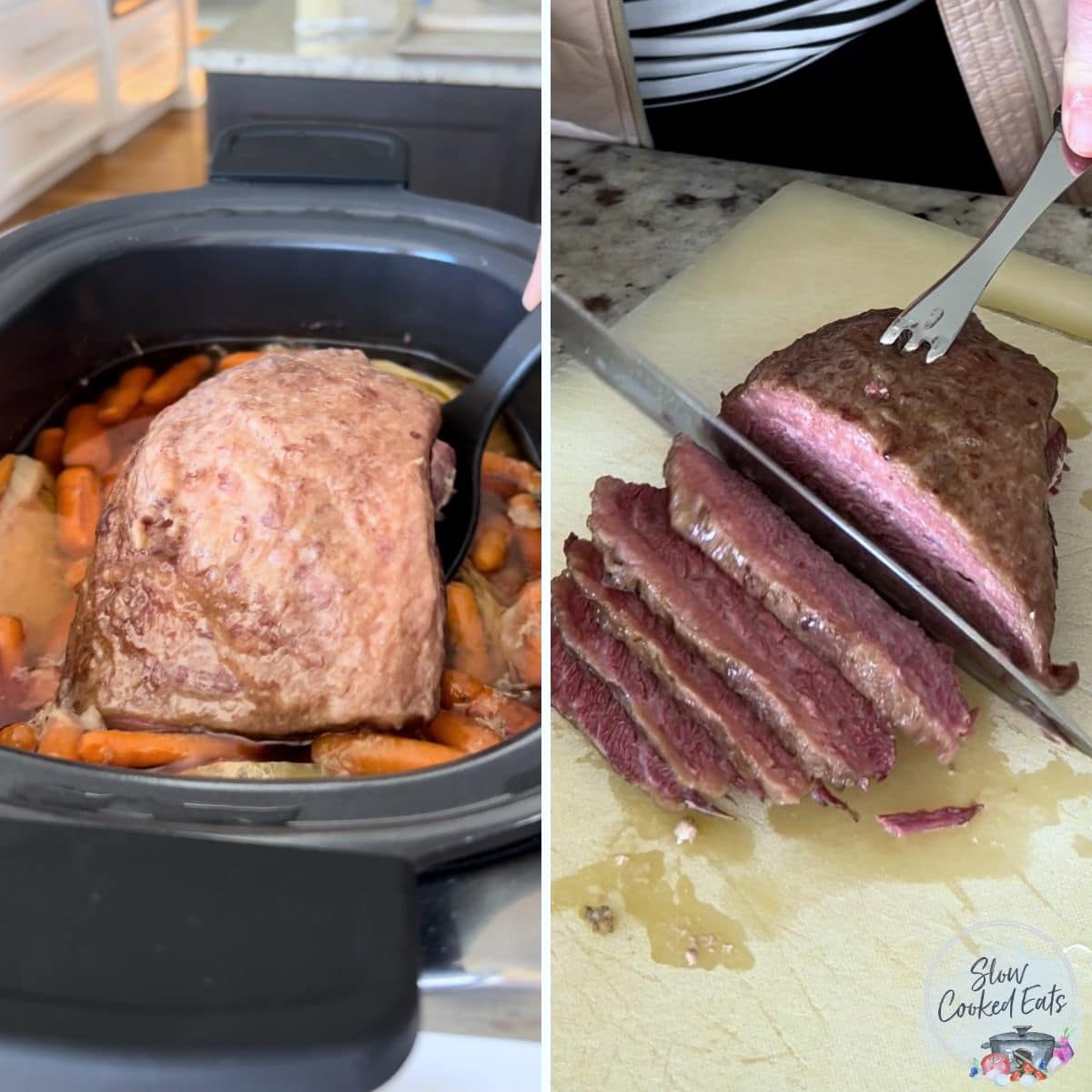 Slicing the slow cooker corned beef before serving.