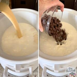 Adding the condensed milk and chocolate chips to the slow cooker hot chocolate.