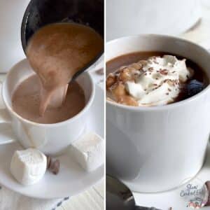 Serving slow cooker hot chocolate into white mugs with marshmallow and whipped cream.
