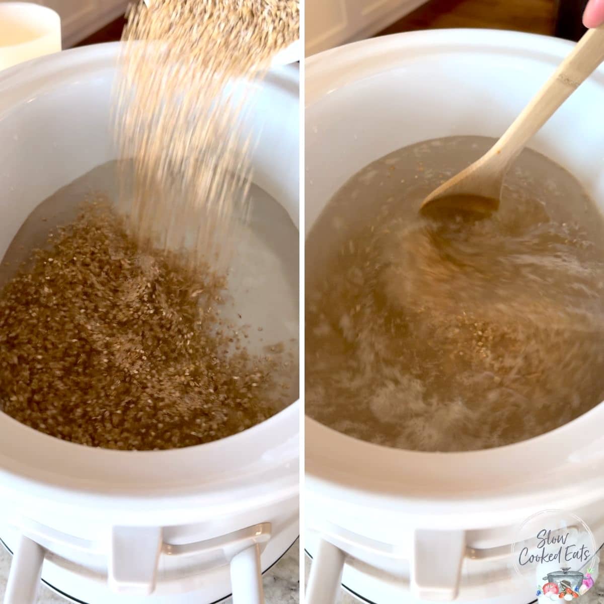 Adding the steel cut oats to a white oval crockpot.