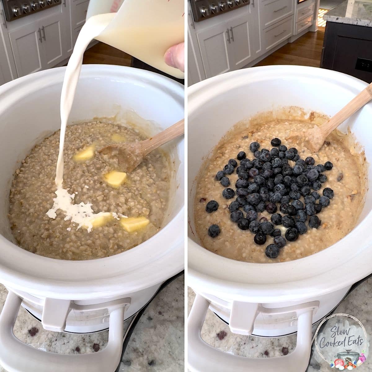 Adding the blueberries butter cream and sugar to the cooked slow cooker steel cut oats.