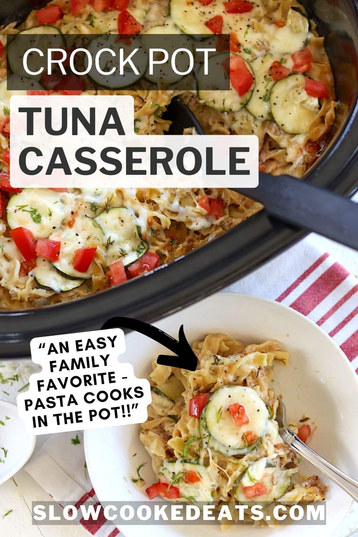 Pinterest pin with crock pot tuna casserole served in a white bowl.
