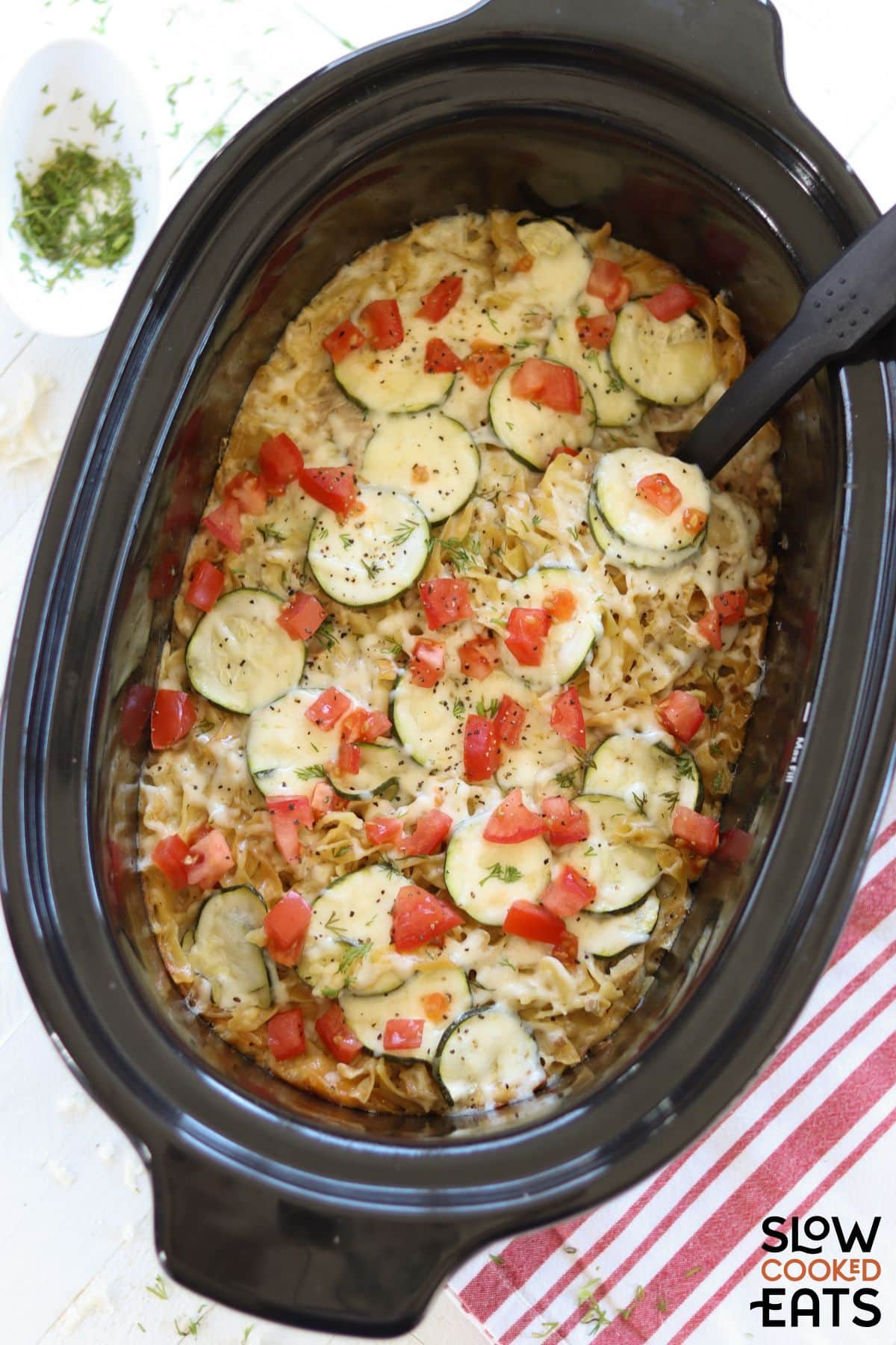 Crockpot tuna noodle casserole in the slow cooker.