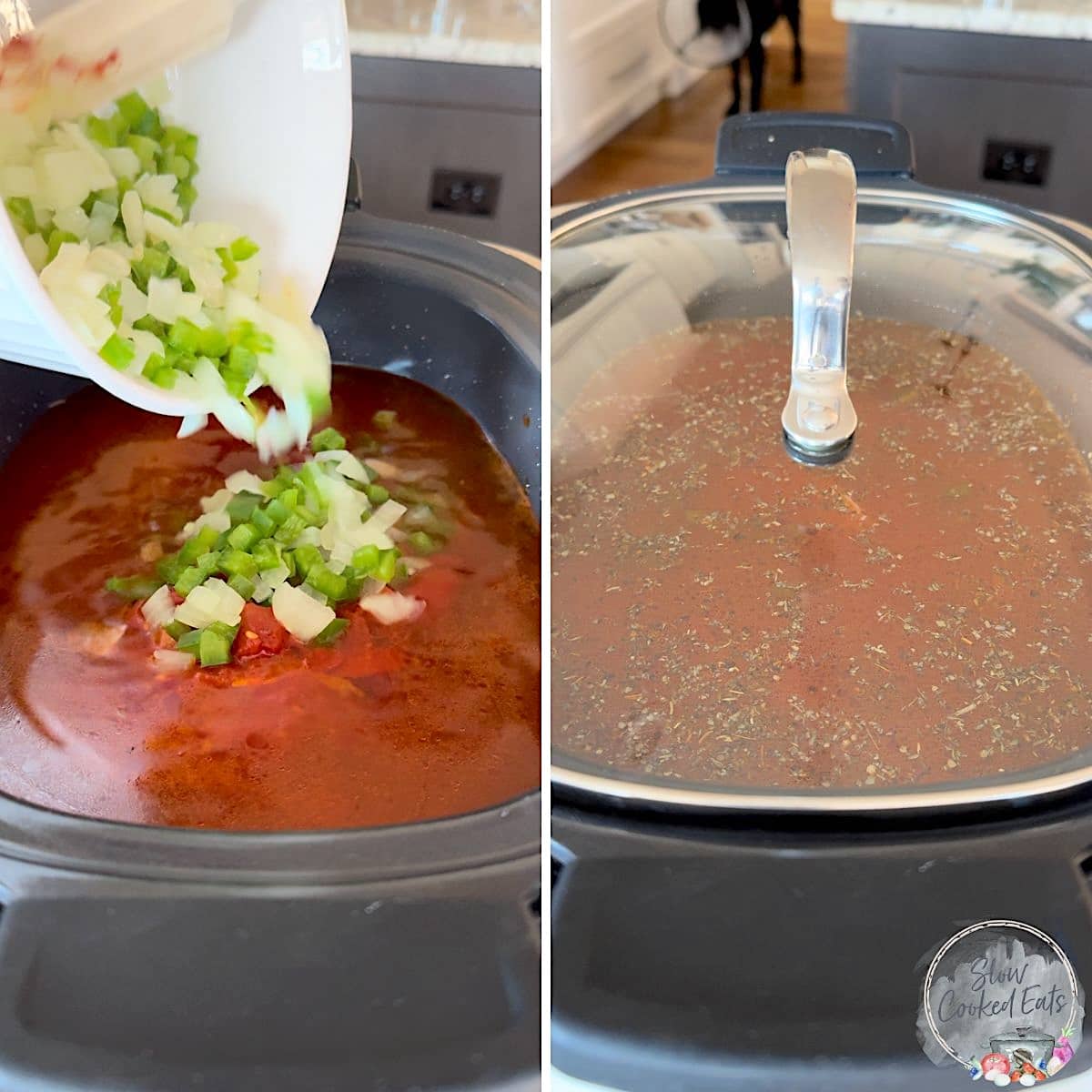 Adding all the crock pot chicken parmesan soup ingredients then covering with a lid.