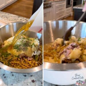 Mixing the blistered pasta and crockpot tuna casserole ingredients in a large bowl.