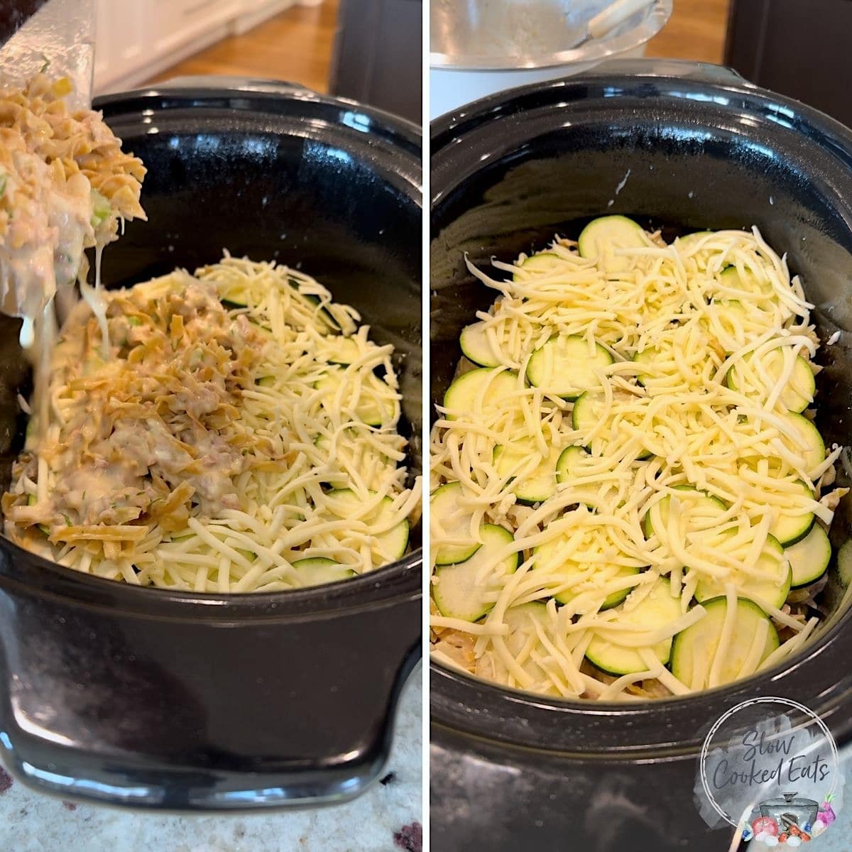 Layering the tuna noodle casserole ingredients in a black oval crockpot.