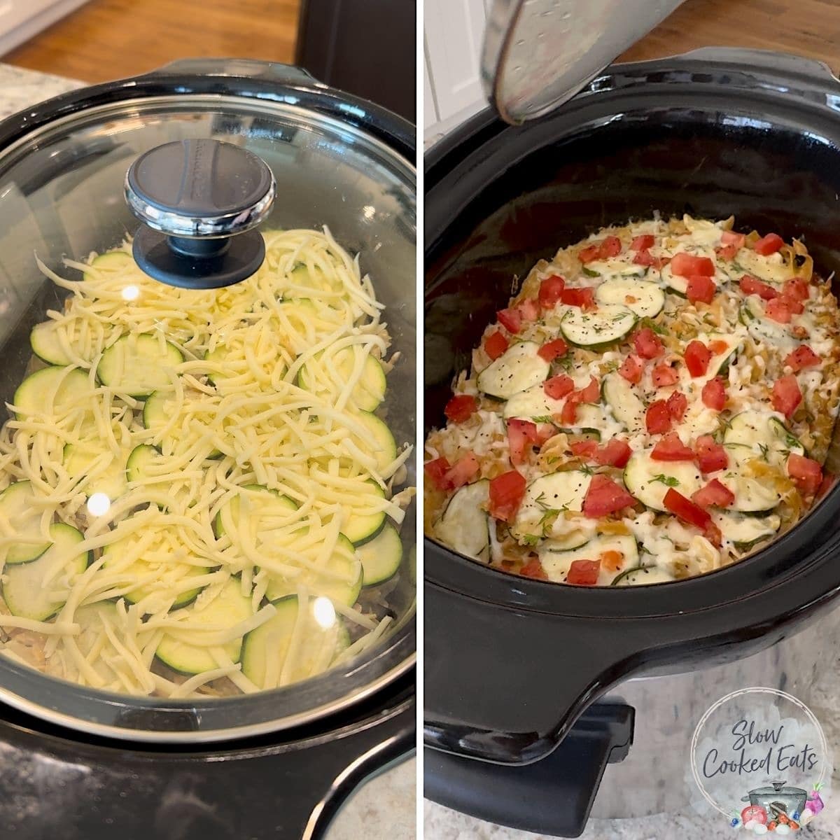 Slow cooking tuna noodle casserole in a black crock pot.