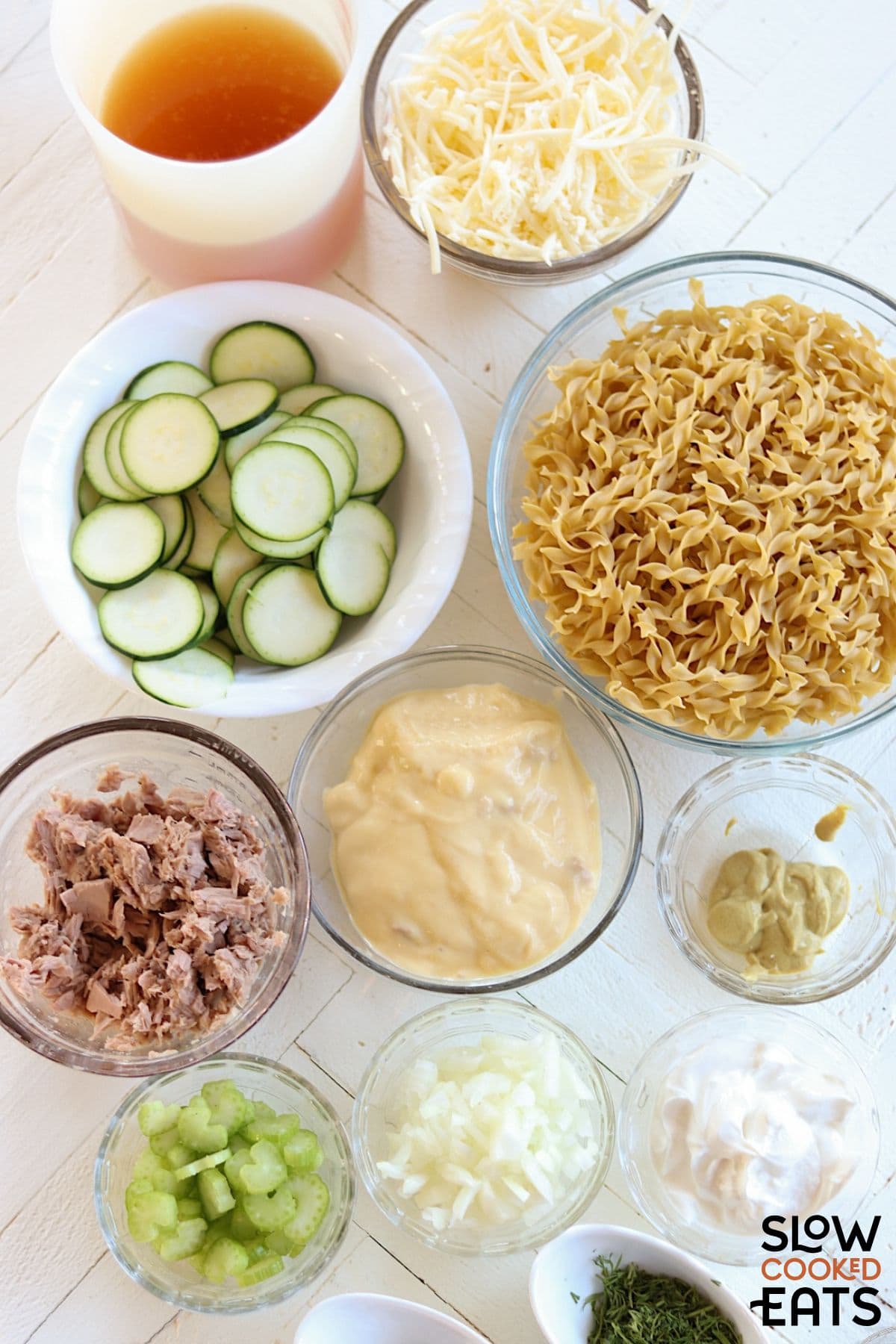 Image of crock pot tuna noodle casserole ingredients.
