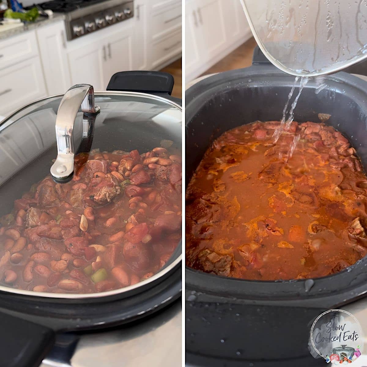 Slow cooking the crockpot chili with the lid on.