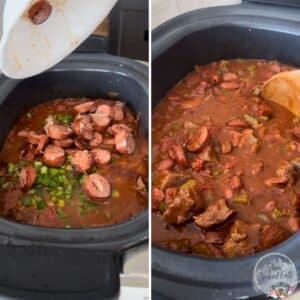 Making crockpot chili in a black oval slow cooker.