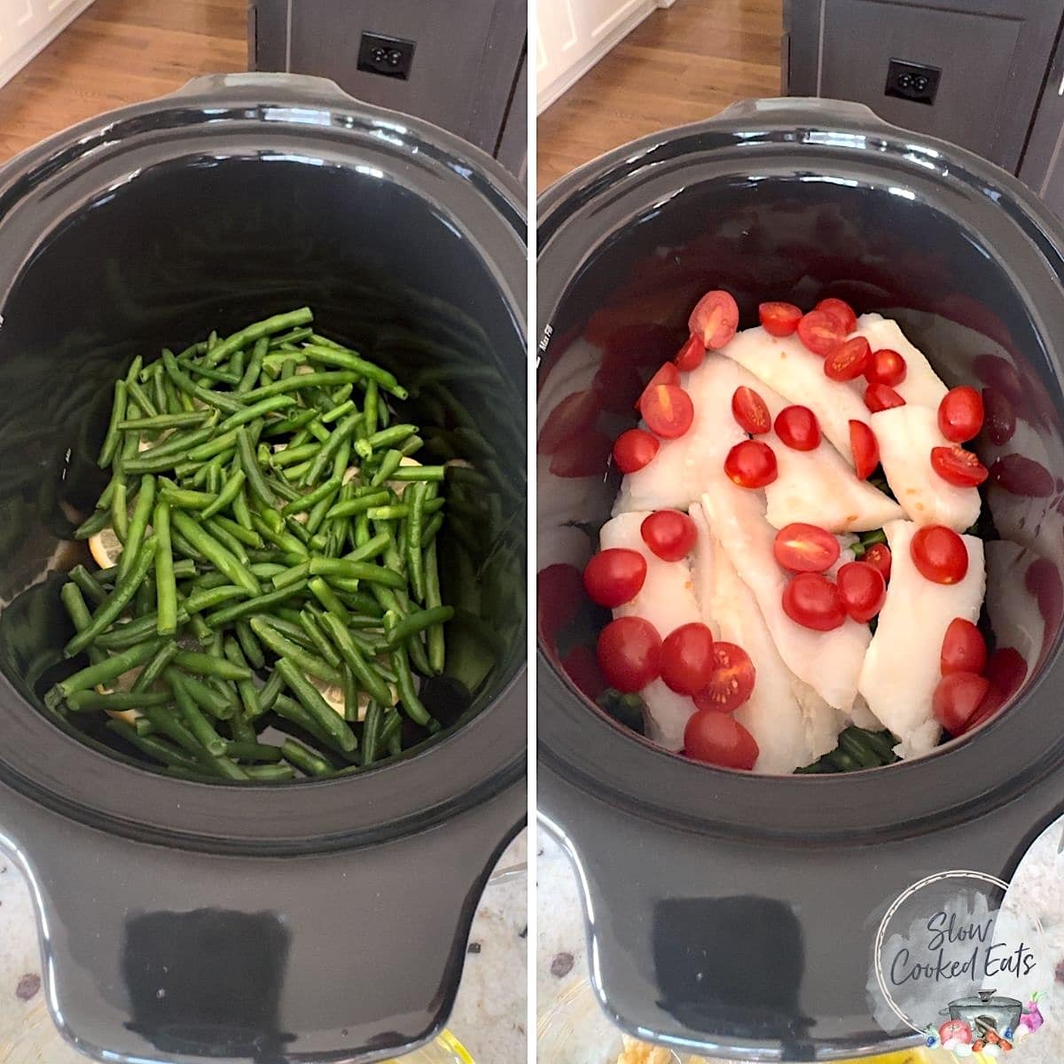 Layering the lemons, slices, green beans, cod, and tomatoes in the slow cooker.