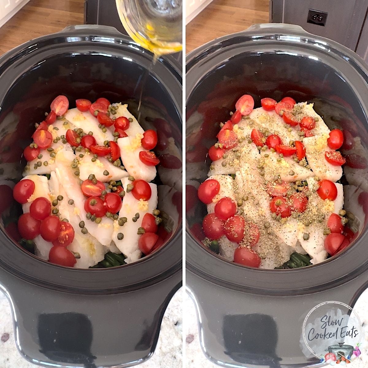 Drizzling seasoning and oil over crockpot cod.