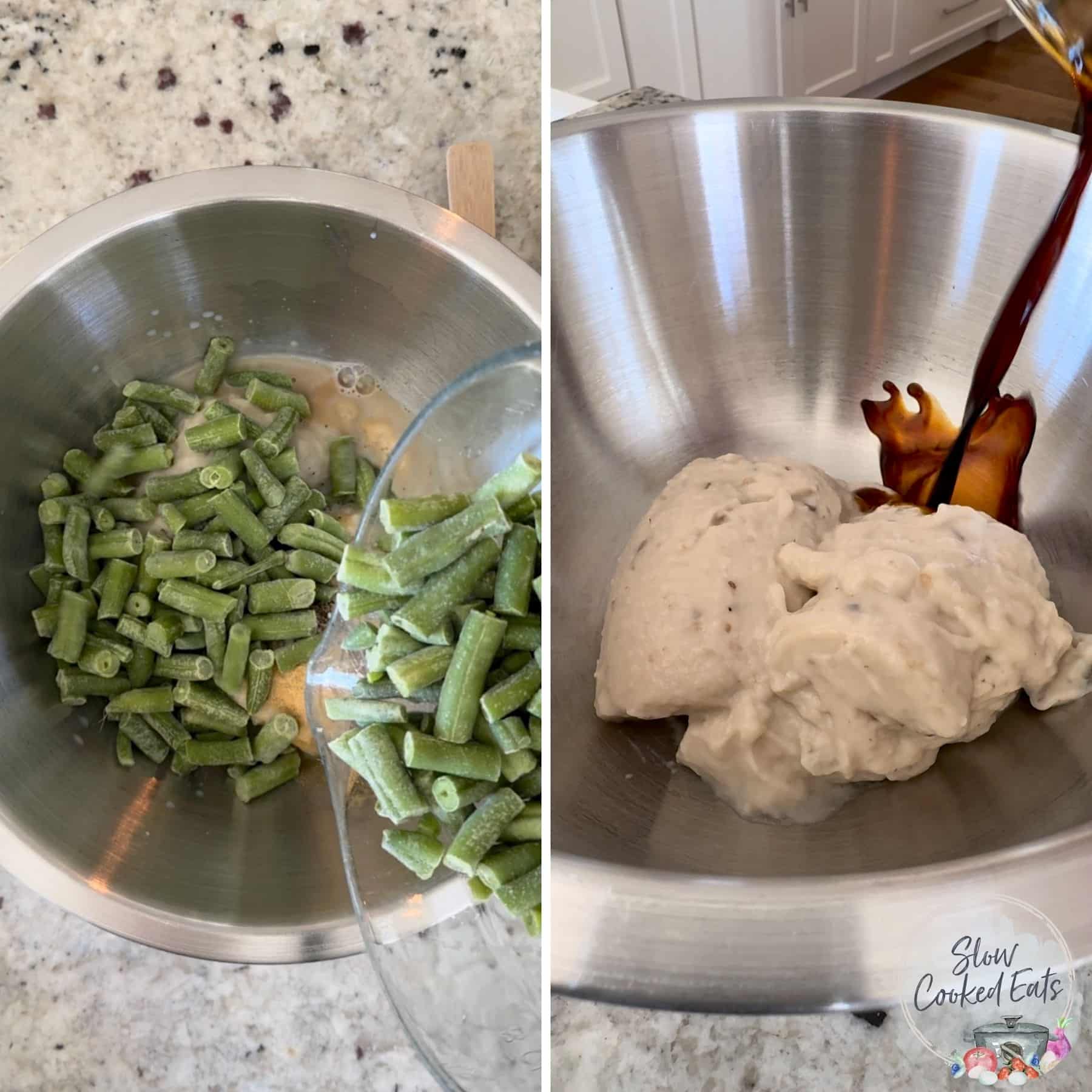 Mixing all crockpot green bean casserole ingredients in a large bowl.