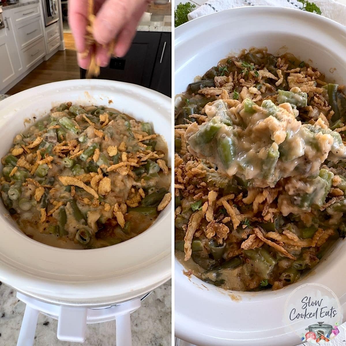 Sprinkling french fried onions on top of cooked crockpot green bean casserole.