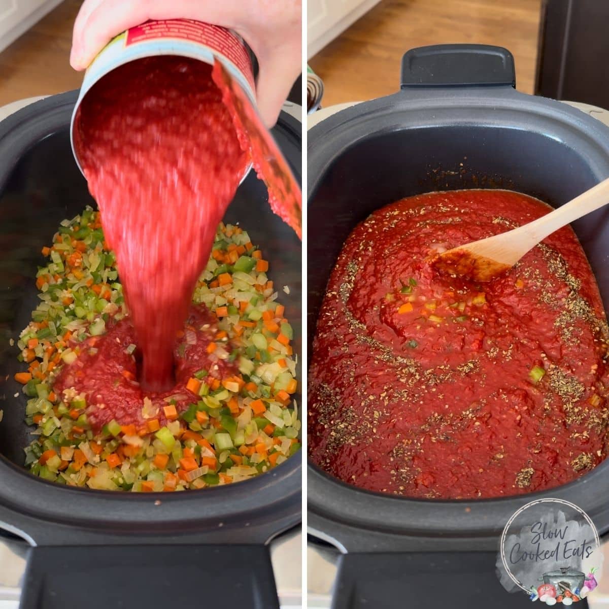 Pouring marinara sauce and stirring the crockpot marinara sauce in a black slow cooker.