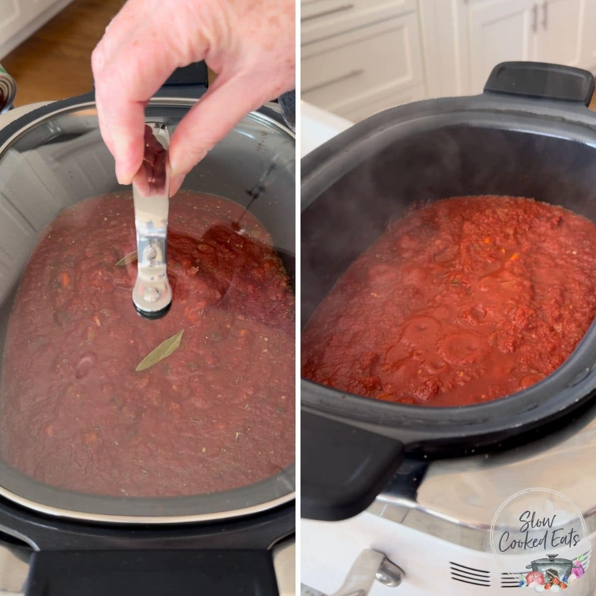 Placing a lid on the slow cooker to cook the crockpot marinara sauce.
