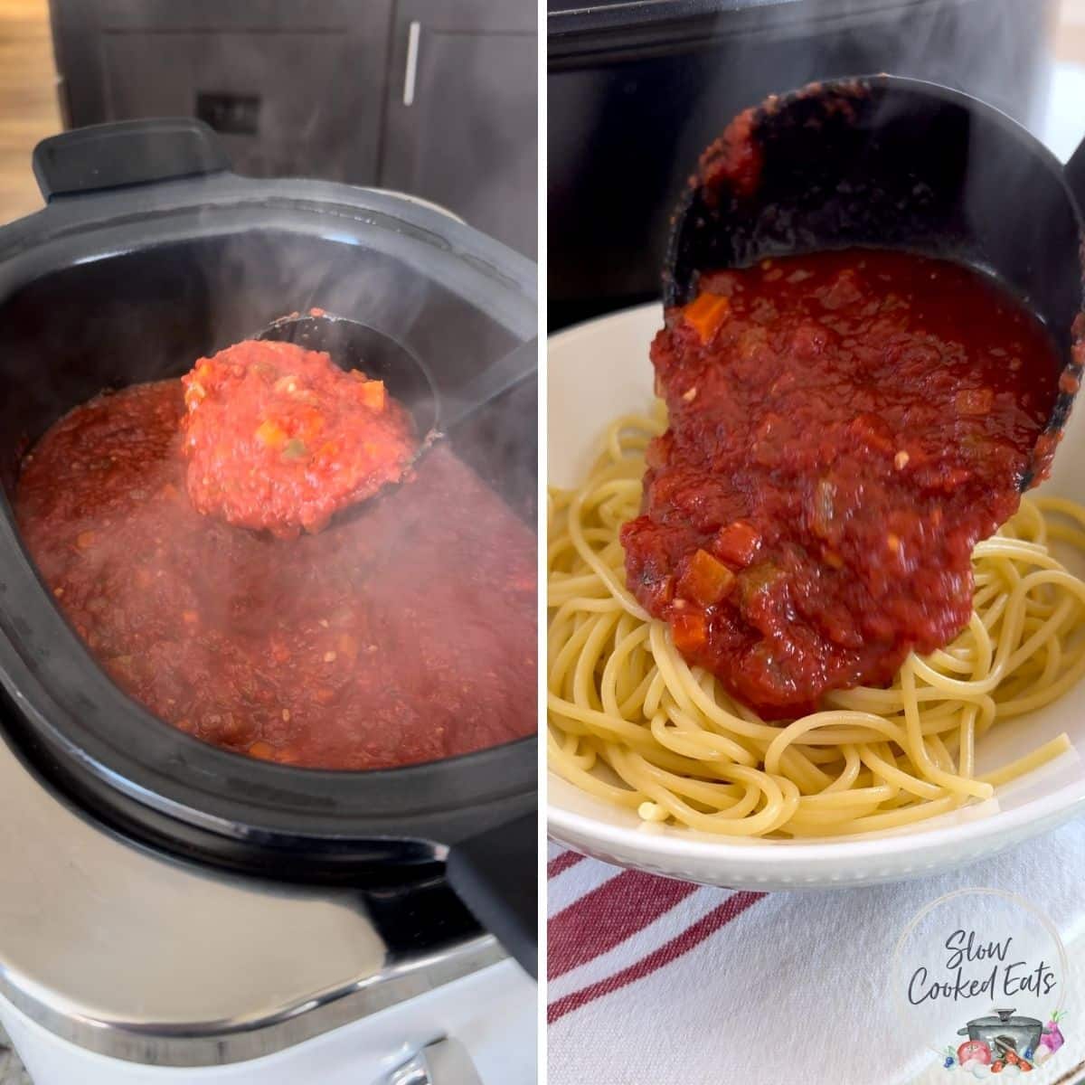 Serving up crockpot marinara sauce and pouring over pasta.