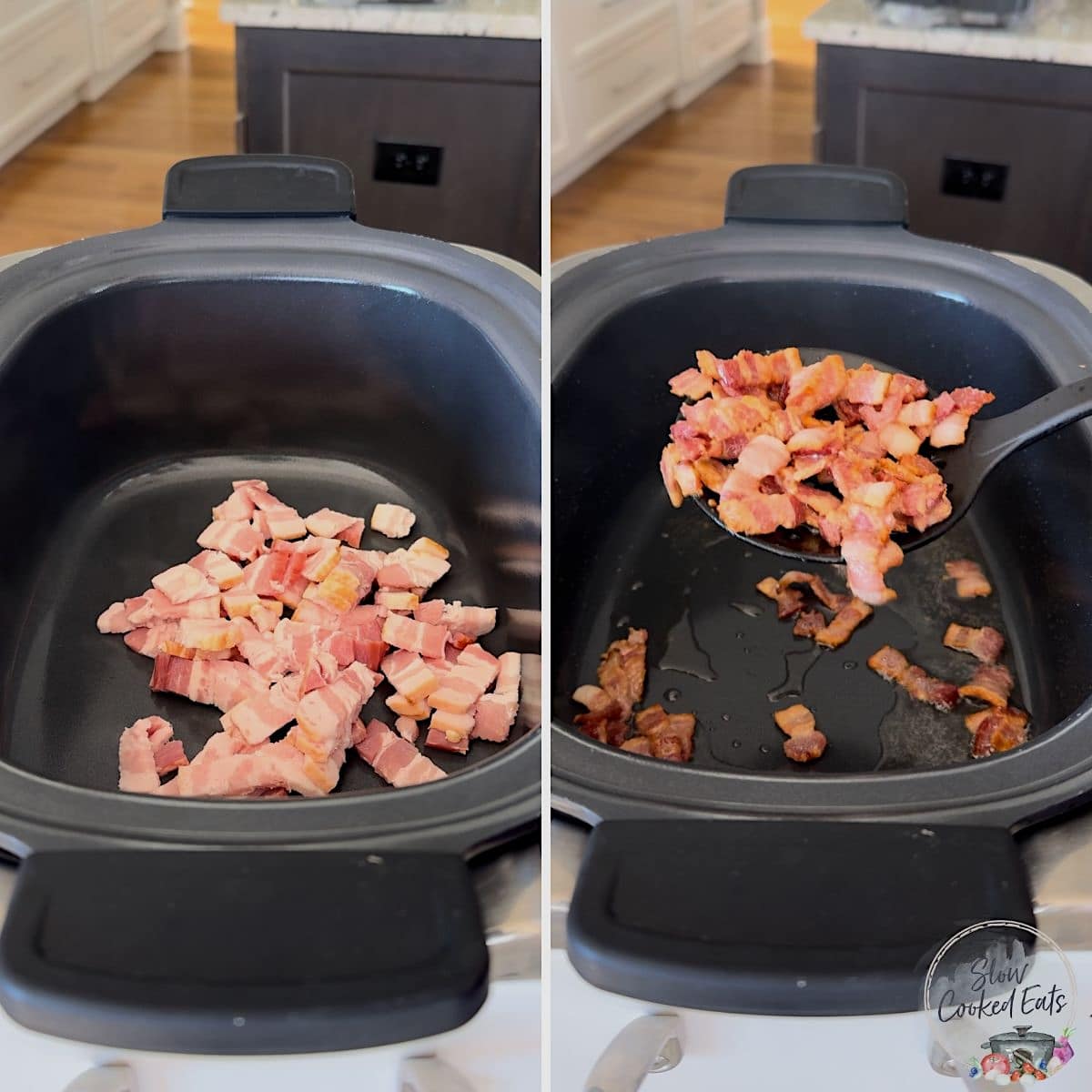 Browning bacon for loaded potato soup in crockpot.