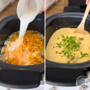 Adding cheese, bacon, cream, and chives to the crockpot loaded potato soup.